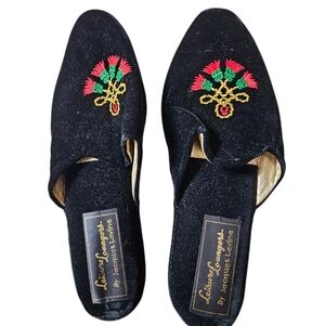 Jacques Levine Holiday Ornament‎ Black Embroidered Split Leather Sole Slippers 9